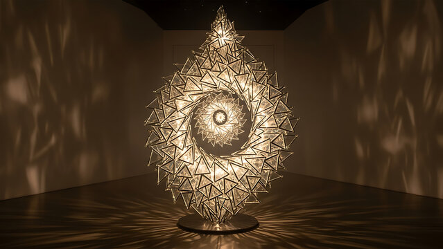 Abstract Geometric Lamp with Golden Spiral Design Casting Ornate Light and Shadow Patterns
