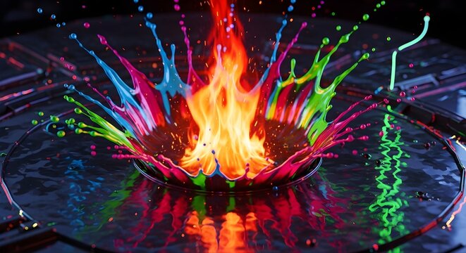 A central flame ignites a spectacular splash of multi-colored neon liquid, creating glowing reflections on a dark, futuristic surface in a surreal display of energy