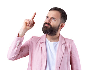 Fototapeta premium Handsome man with a beard in a pink jacket is thinking over an isolated red background.