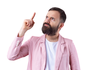 Handsome man with a beard in a pink jacket is thinking over an isolated red background.