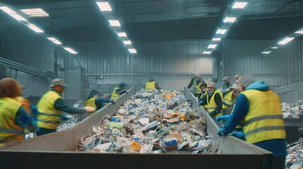 Industrial waste management: diverse workers sorting recycling materials in factory