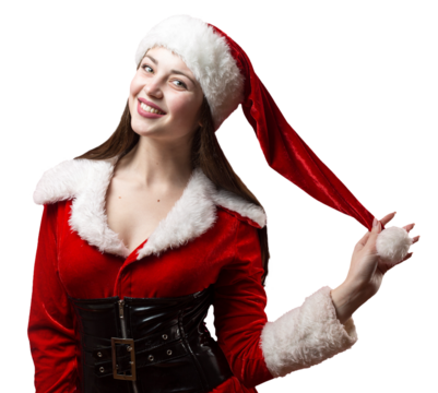 Beautiful young woman in Santa Claus costume against the red background.