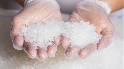 Hands holding white plastic pellets industrial material close-up