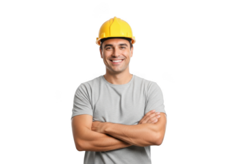 A smiling construction worker wearing a yellow hard hat and gray t shirt with arms crossed isolated on transparent background