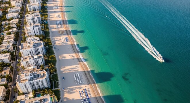 Aerial view of a luxury coastal city. Oceanfront real estate and high rise hotels on a tropical beach. Speedboat on turquoise water. Summer vacation travel and exclusive tourism destination