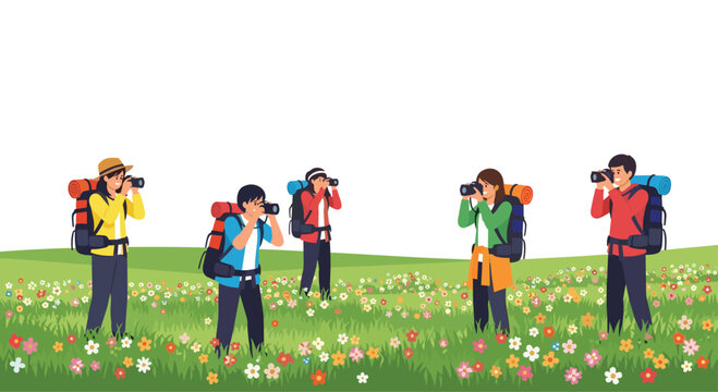 Adventurous explorers capturing stunning nature scenes with cameras amidst vibrant wildflowers and rolling hills