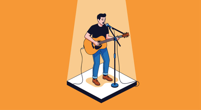 Passionate solo musician captivates audience with soulful acoustic guitar performance and heartfelt vocals on stage