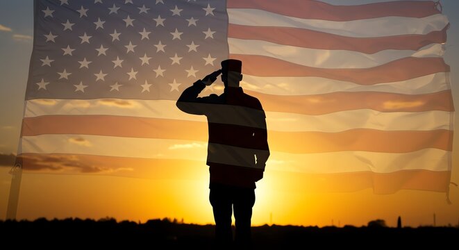 Military saluting American flag at sunset - Powered by Adobe