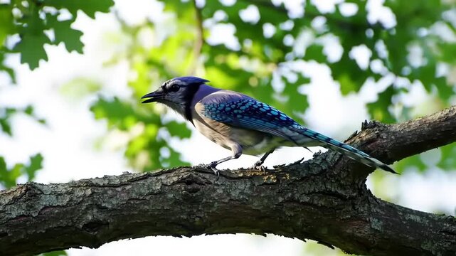 Blue jay bird on branch in a green tree.