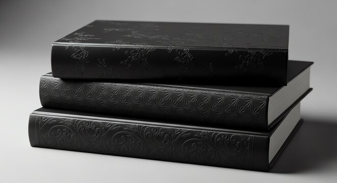 Stacked black books with embossed covers