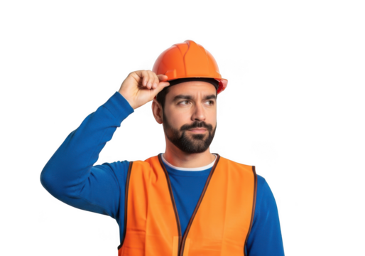 A thoughtful construction worker wearing an orange hard hat and safety vest looking to the side isolated on transparent background - Powered by Adobe