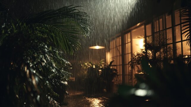 Tropical garden drenched in rain at night