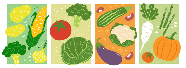 Vegetables posters. Healthy eating, fresh organic vegan food, cooking and nutrition diet. Harvest, agriculture market banner with broccoli, corn and pumpkin, potato and tomato, cabbage. Vector set