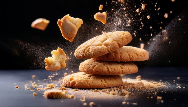 delicious pieces of crumbly shortbread cookies breaking apart in mid air creating a sense of indulgence and delight