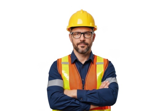 A confident male construction worker wearing a yellow hard hat and orange safety vest with arms crossed isolated on transparent background