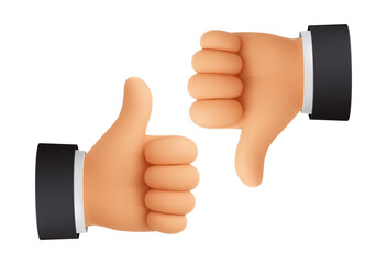 Like and dislike 3D icons. Thumb up and thumb down hand gesture, social media emoji. Good and bad customer review sign, vote symbol. Positive and negative feedback. Soft realistic render vector set © Ukio.stock