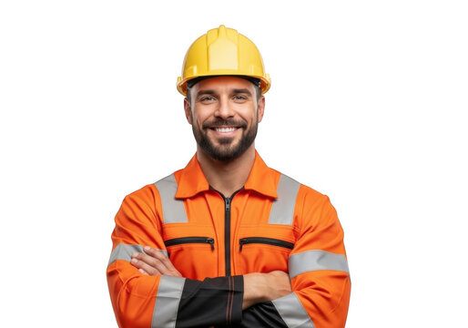A smiling construction worker wearing a bright yellow hard hat and an orange high visibility safety jacket with reflective stripes isolated on transparent background