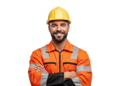 A smiling construction worker wearing a bright yellow hard hat and an orange high visibility safety jacket with reflective stripes isolated on transparent background - Powered by Adobe