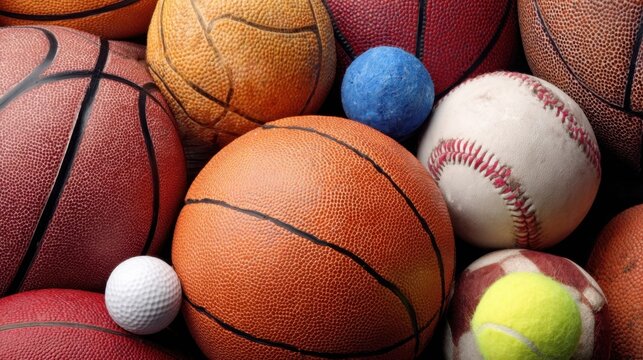 Collection of Various Sports Balls Including Basketball, Tennis, Baseball, and Soccer Balls