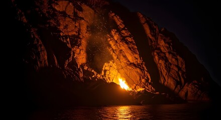 Intense fiery explosion erupts from a dark seaside cave, casting a dramatic glowing orange reflection on the water at night
