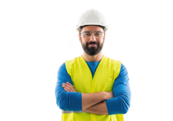 A smiling construction worker with a beard wearing a white hard hat and yellow safety vest arms crossed isolated on transparent background