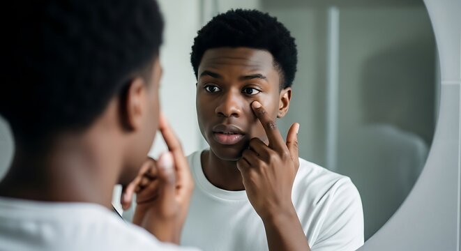 Young black man looking in the mirror and touching his eye area background
