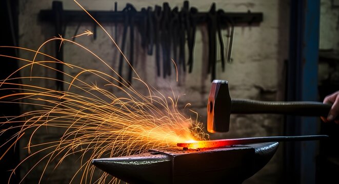 Skilled blacksmith hammering a glowing piece of molten steel on an anvil, sending a fiery cascade of sparks through the dark workshop