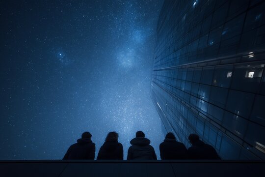 Friends Stargazing in a Cityscape at Night Beneath a Sky Full of Stars and a Tall Modern Building