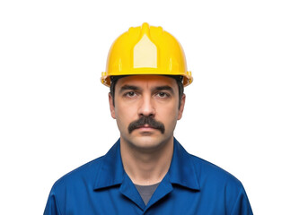 A serious construction worker wearing a bright yellow hard hat and blue work uniform with a prominent mustache isolated on transparent background