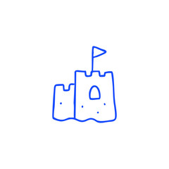 Blue outline of sandcastle with flag, door, dots