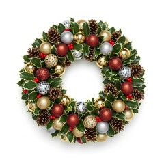 Festive Christmas wreath isolated on white background. Traditional holiday decoration with baubles, pinecone. Merry Christmas card element.