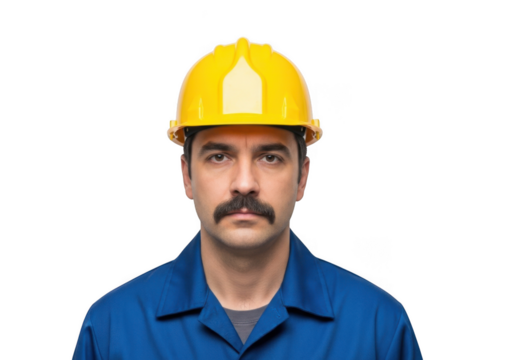 A serious construction worker wearing a bright yellow hard hat and blue work uniform with a prominent mustache isolated on transparent background