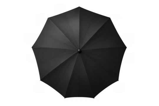 Black umbrella providing protection from rain, overhead view, open accessory for bad weather, transparent background