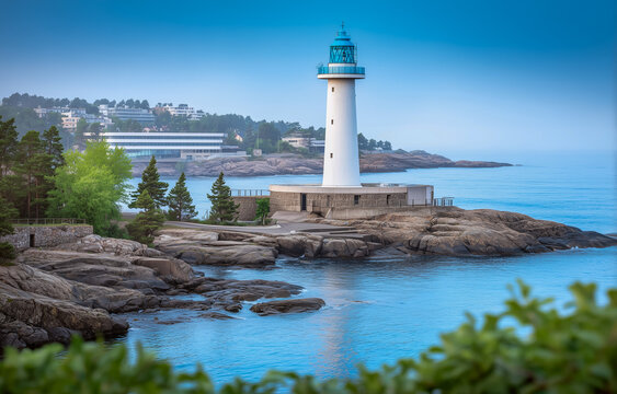 Scenic lighthouse on rocky shore with calm blue waters