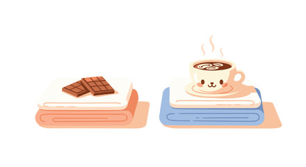 Cozy comfort awaits with sweet chocolate squares and a steaming cup of kawaii coffee on soft folded blankets