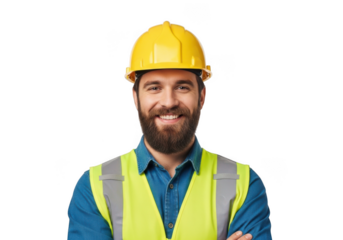 Smiling construction worker wearing a yellow hard hat and a high visibility safety vest with arms crossed isolated on transparent background