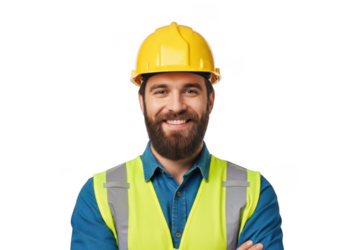 Smiling construction worker wearing a yellow hard hat and a high visibility safety vest with arms crossed isolated on transparent background