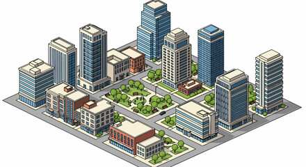 Vector isometric city illustration, modern cityscape with office buildings, parks and urban planning visualization for architecture and business presentations