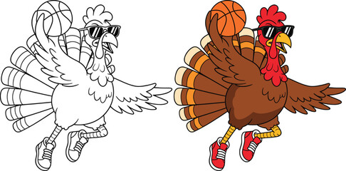 Cartoon turkey playing basketball wearing sunglasses and sneakers illustration design