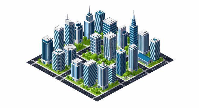 Isometric Vector Cityscape: Modern Business District with Office Buildings, Commercial Real Estate, and Green Spaces