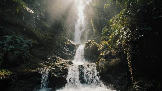 Lush, misty waterfall cascading down rocky terrain