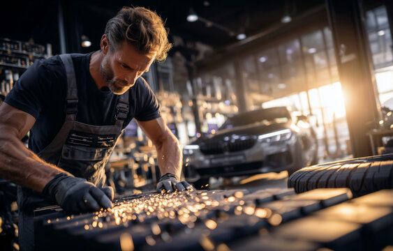 Mechanic working on tires in workshop with glistening sparks - Powered by Adobe