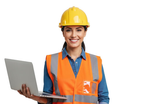 Professional woman engineer wearing safety vest and hard hat holding laptop computer isolated on transparent background