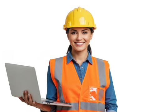 Professional woman engineer wearing safety vest and hard hat holding laptop computer isolated on transparent background