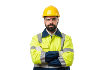 A serious bearded construction worker wearing a yellow hard hat and high visibility safety jacket with arms crossed isolated on transparent background