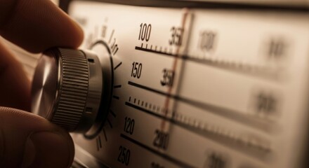 A person's hand tuning a vintage analog radio. Close-up of a finger adjusting the frequency knob on a retro receiver. Nostalgia and communication concept