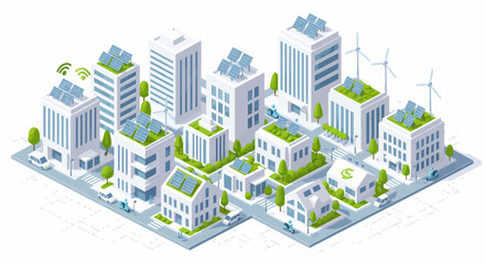 Obraz premium Vector Isometric Sustainable Cityscape: Eco-Friendly Buildings with Solar Panels and Wind Turbines Illustrating Green Energy and Future Urban Planning