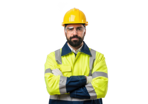 A serious bearded construction worker wearing a yellow hard hat and high visibility safety jacket with arms crossed isolated on transparent background