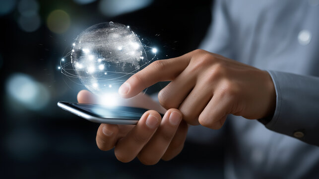 Anonymous hands with mobile technology while defocused body and crystal clear global data system visible, with copy space