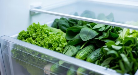 A refrigerator crisper drawer filled with fresh green vegetables. Close-up of lettuce, spinach, and cucumbers. Healthy eating and food storage concept